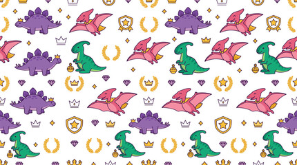 Cute Dinosaur Seamless Pattern Background with Cartoon Stegosaurus Pterodactyl and Parasaurolophus Wearing Crowns for Kids Textile and Nursery Wallpaper Designs © Ajad