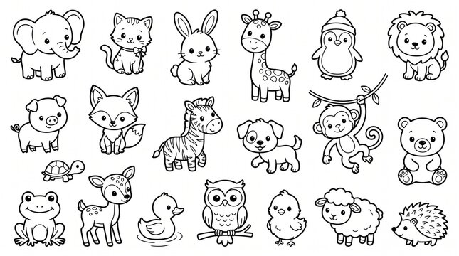 Cute baby animals line art collection for children coloring book pages