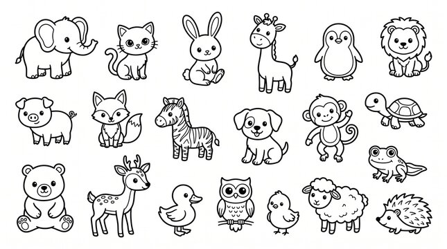Cute baby animals line art collection for children coloring book pages