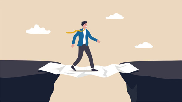 Hidden business risk unexpected crisis trap concept confident businessman walking cheerfully onto fragile paper bridge over deep abyss clean minimal flat vector illustration