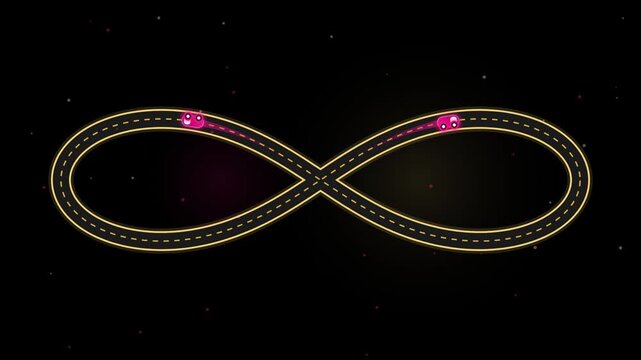 Infinite Loop symbol glowing with pink light on black background cinematic motion