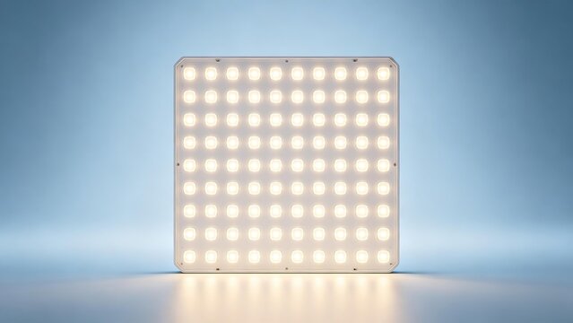 Square warm white led panel light with evenly arranged small warm lamps against soft light blue background modern lighting technology concept