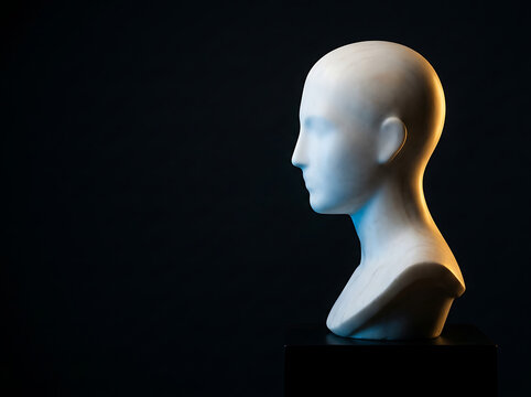 Side view of human head sculpture on dark background