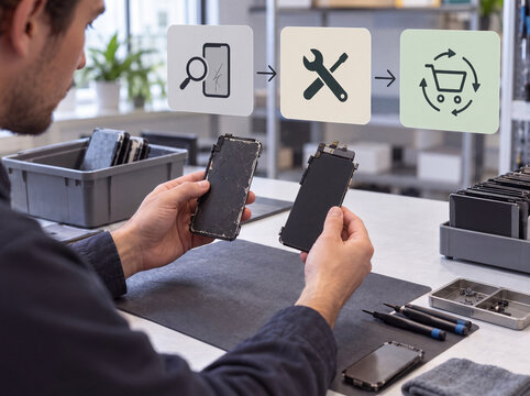 Technician comparing a cracked phone screen with a replacement