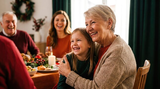 Multi generational family enjoying a festive holiday meal together at a warmly lit dining table