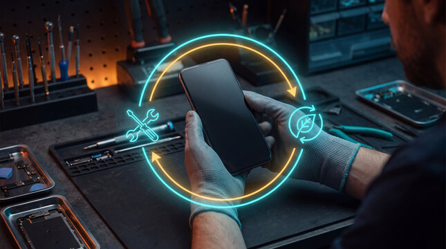 Phone repair and reuse concept with a glowing circular workflow