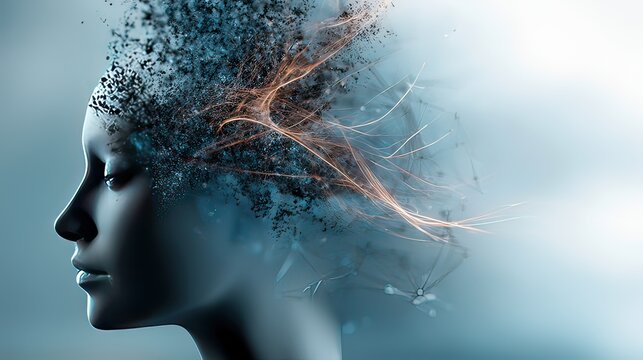 Abstract Concept of Human Mind with Fragmented Figure and Flowing Particles Depicting Creativity and Imagination