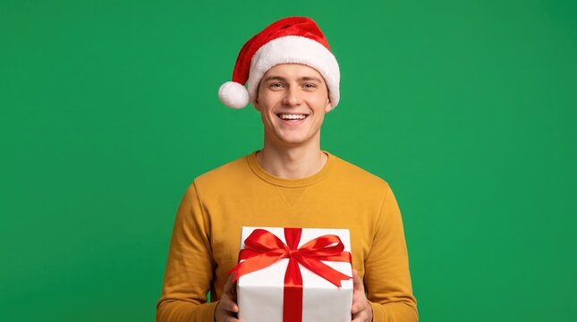 Cheerful young man wearing a santa hat and holding a wrapped gift against a green background