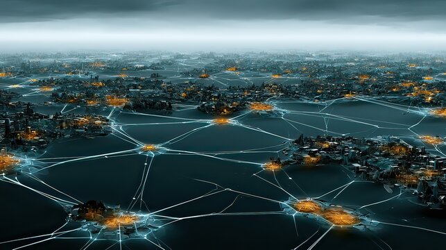 Futuristic Digital Network Connecting City Lights Over Water with Abstract Geometric Patterns and Dark Cloudy Sky