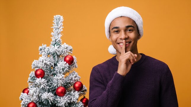 Young woman wearing a santa hat playfully asks for quiet beside a creatively decorated christmas tree on a warm background