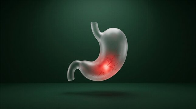 Glass stomach anatomical model with localized red bleeding ulcer on background