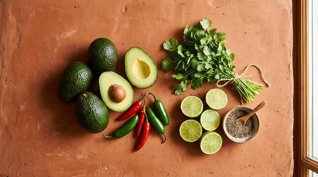 Overhead View of Fresh Mexican Cooking Ingredients with Avocado