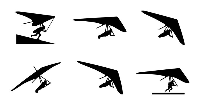 Hang glider silhouettes set with people flying and launching, extreme sports and aviation