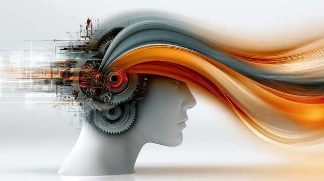 Futuristic Concept of Human Mind with Mechanisms and Flowing Colors Representing Creativity and Innovation