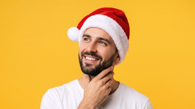Festive young man wearing a santa hat and smiling thoughtfully against a vibrant yellow background