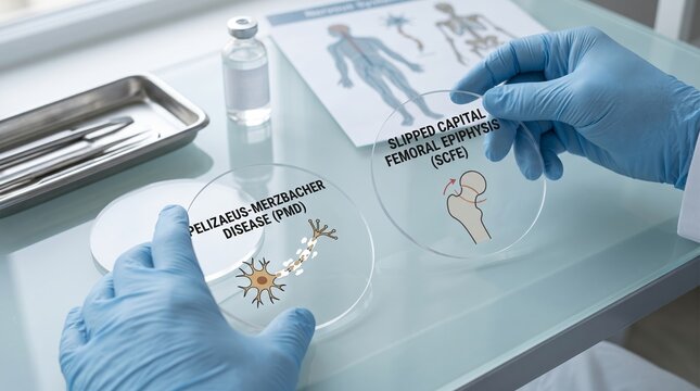 Hands in gloves holding petri dishes with Pelizaeus Merzbacher Disease and Slipped Capital Femoral Epiphysis SCFE diagrams