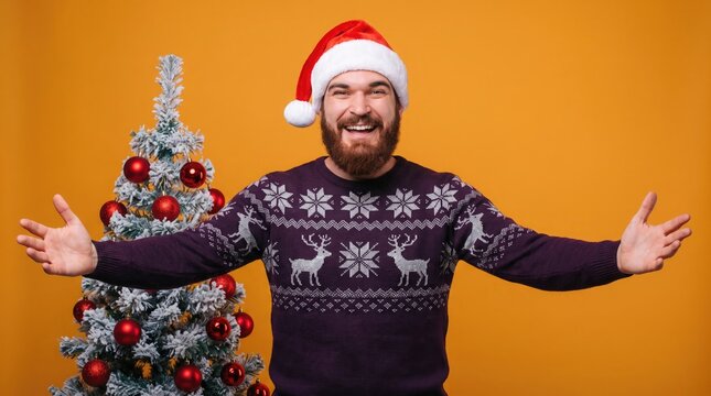 Festive man wearing a santa hat and christmas sweater proudly displays a colorful miniature tree indoors