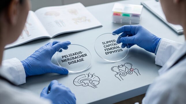 Medical professionals examining Pelizaeus Merzbacher Disease and Slipped Capital Femoral Epiphysis SCFE on petri dishes