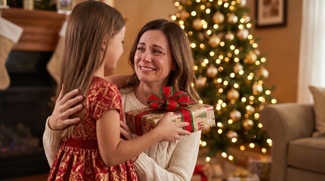 Joyful mother and daughter embrace while exchanging a christmas gift in a cozy home setting