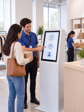 Retail agent helping a customer use a parcel return kiosk