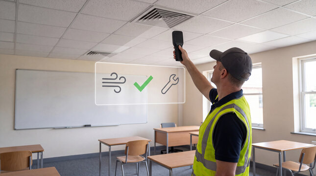 Facilities worker checking classroom ceiling ventilation with a sensor