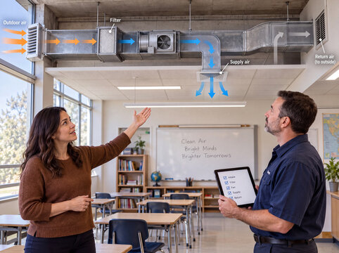 Teacher and facilities professional reviewing classroom ventilation