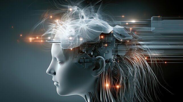 Futuristic Concept of Artificial Intelligence and Human Integration with Brain Connections and Digital Elements