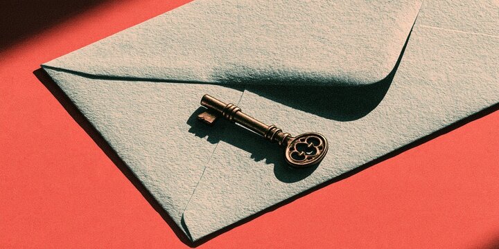 Vintage ornate bronze skeleton key resting on a light textured paper envelope placed over solid coral red background, secret correspondence concept.