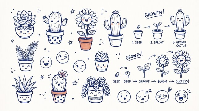 Hand drawn doodle set of cute potted plants and growth cycle