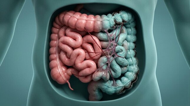Human abdominal digestive system with inflamed colon