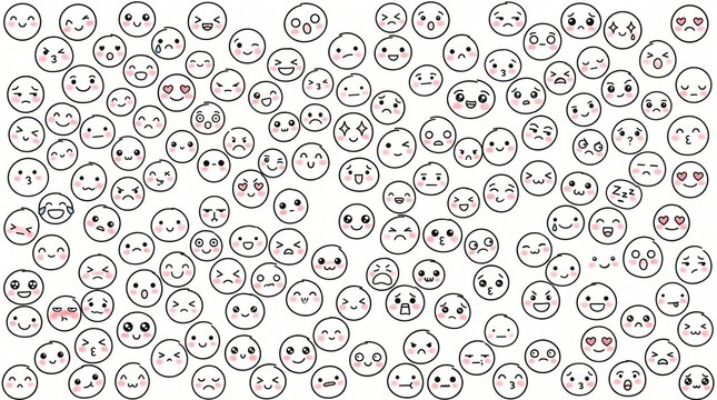 Kawaii facial expressions set with diverse hand drawn doodle emoticons