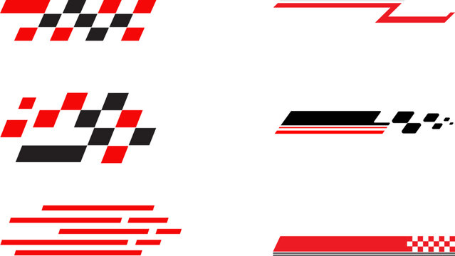 Racing stripes and checkered flags designed in vibrant red and black vectors for vehicle decals and motorsports branding.