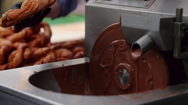 Baker in gloves holding fresh pretzel near machine with melted chocolate. Confectionery production of glazed pastries. Handmade sweets and dessert manufacturing process