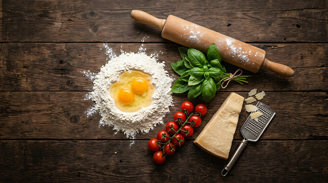 Overhead View of Fresh Italian Pasta Making Ingredients