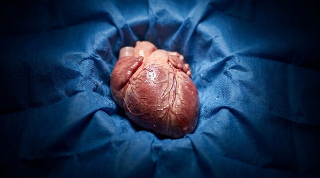 Organ transplant human heart lying on sterile operating drapes