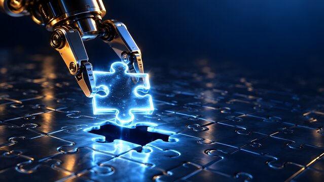 Futuristic Robotic Arm Placing Glowing Puzzle Piece Visualizing Automated Problem Solving and AI Strategy