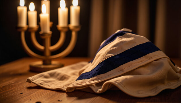 Kippah beside menorah candles in dim room, spiritual reflection