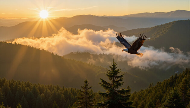 Bald eagle soaring over misty forest landscape at dawn, wildlife majesty