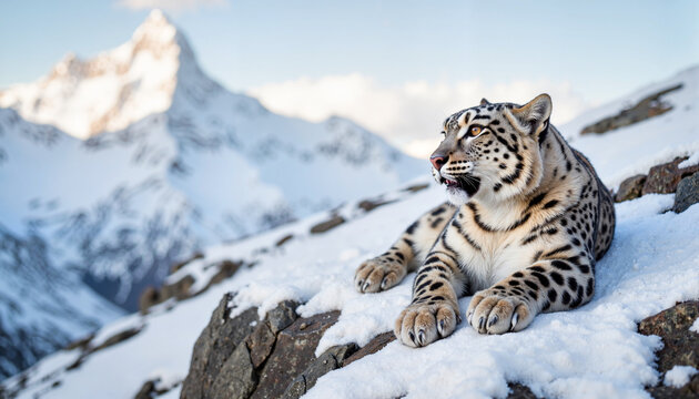 Snow leopard resting on rocky ledge in snowy mountains, wildlife conservation