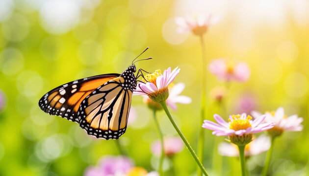 Monarch butterfly resting on flower in bright meadow, spring beauty