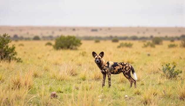 African wild dog standing in savanna landscape, wildlife conservation