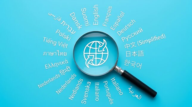 Global Translation and Language Learning Concept with Magnifying Glass and World Globe Icon