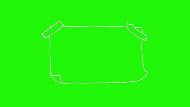 Animated square frame resembling a sheet of paper attached with adhesive tape&mdash;a sketch-style note or memo paper&mdash;perfect for your video editing projects; cartoon doodle style, 4K.