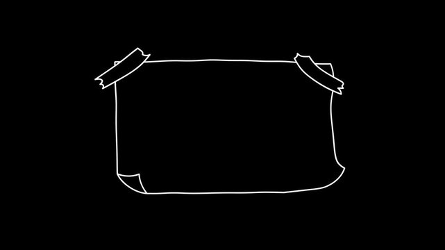 An outline animation of a piece of paper&mdash;a note square resembling a sticky note&mdash;drawn in a doodle style, set against a black background, 4K video.