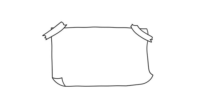 Animation of a piece of paper attached with adhesive tape, a square memo note in a doodle style, transparent background, 4K video
