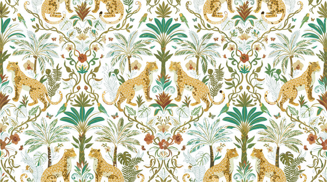 Luxury Tropical Leopard and Botanical Forest Damask Seamless Surface Pattern Featuring Ornate Symmetrical Wildfire Jaguars Palm Trees and Exotic Flora for High-End Wallpapers