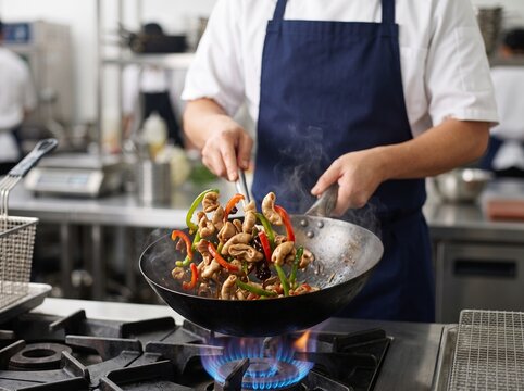 Professional chef tossing pork offal and vegetables in hot wok representing authentic Asian wok hei technique