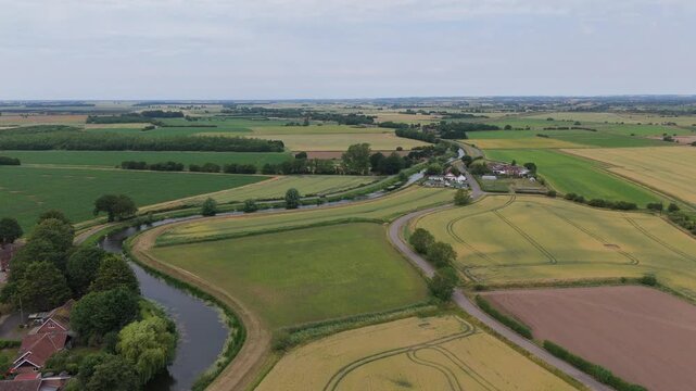Aerial view captures rural landscape with winding river