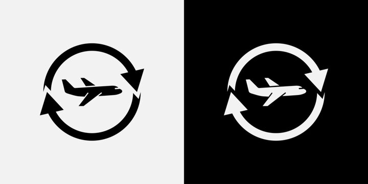 Circular arrows around airplane symbol representing global flight route rerouting and travel return policy or ongoing aviation transportation.