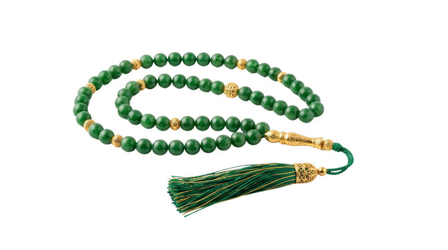 Green Islamic prayer beads with tassel, traditional tasbih rosary with gold accents, religious misbaha for Ramadan prayer and meditation isolated PNG with Transparent Background